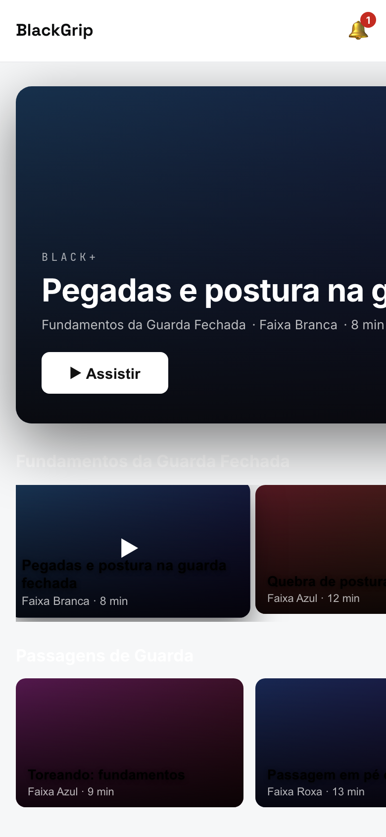 Área de aulas gravadas Black+ no app do aluno