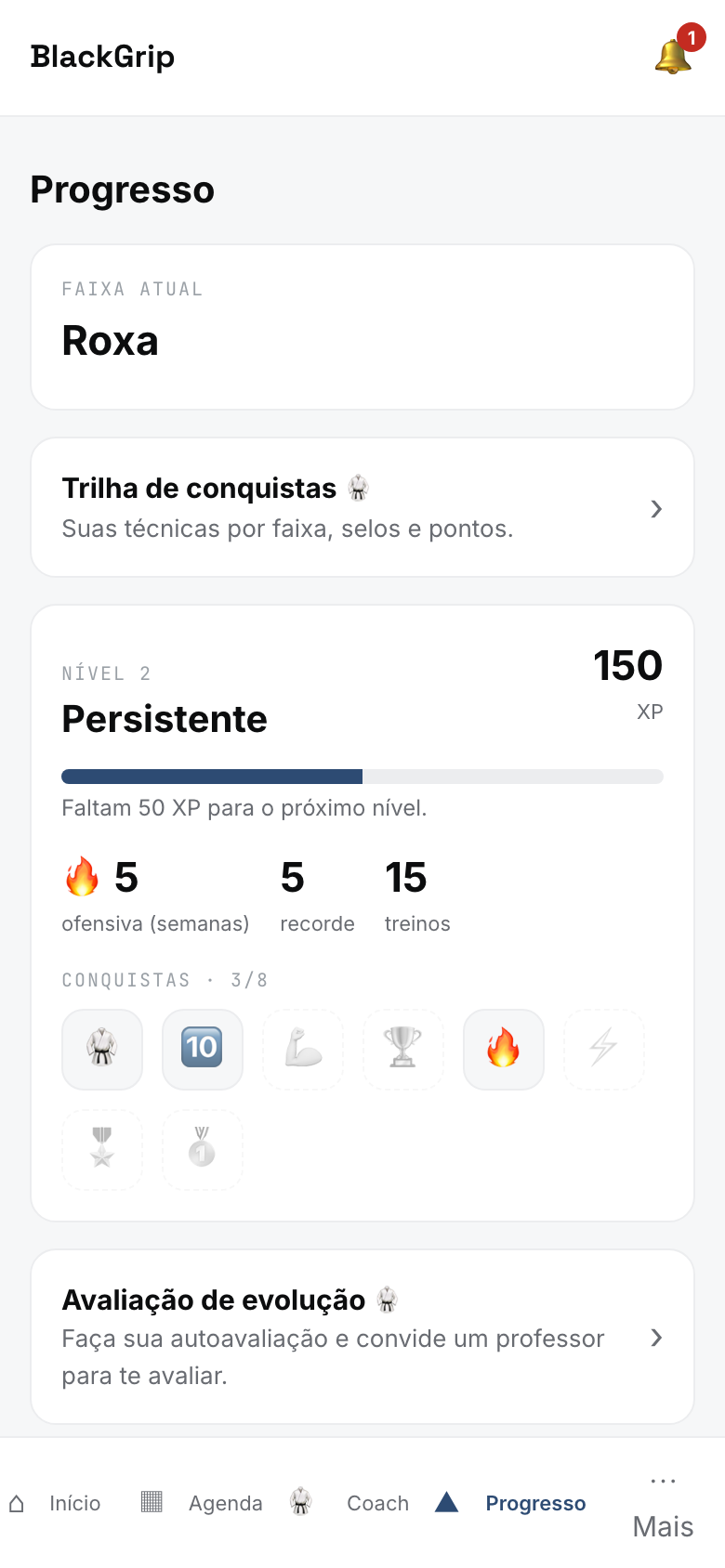 Progresso de faixa gamificado no app do aluno